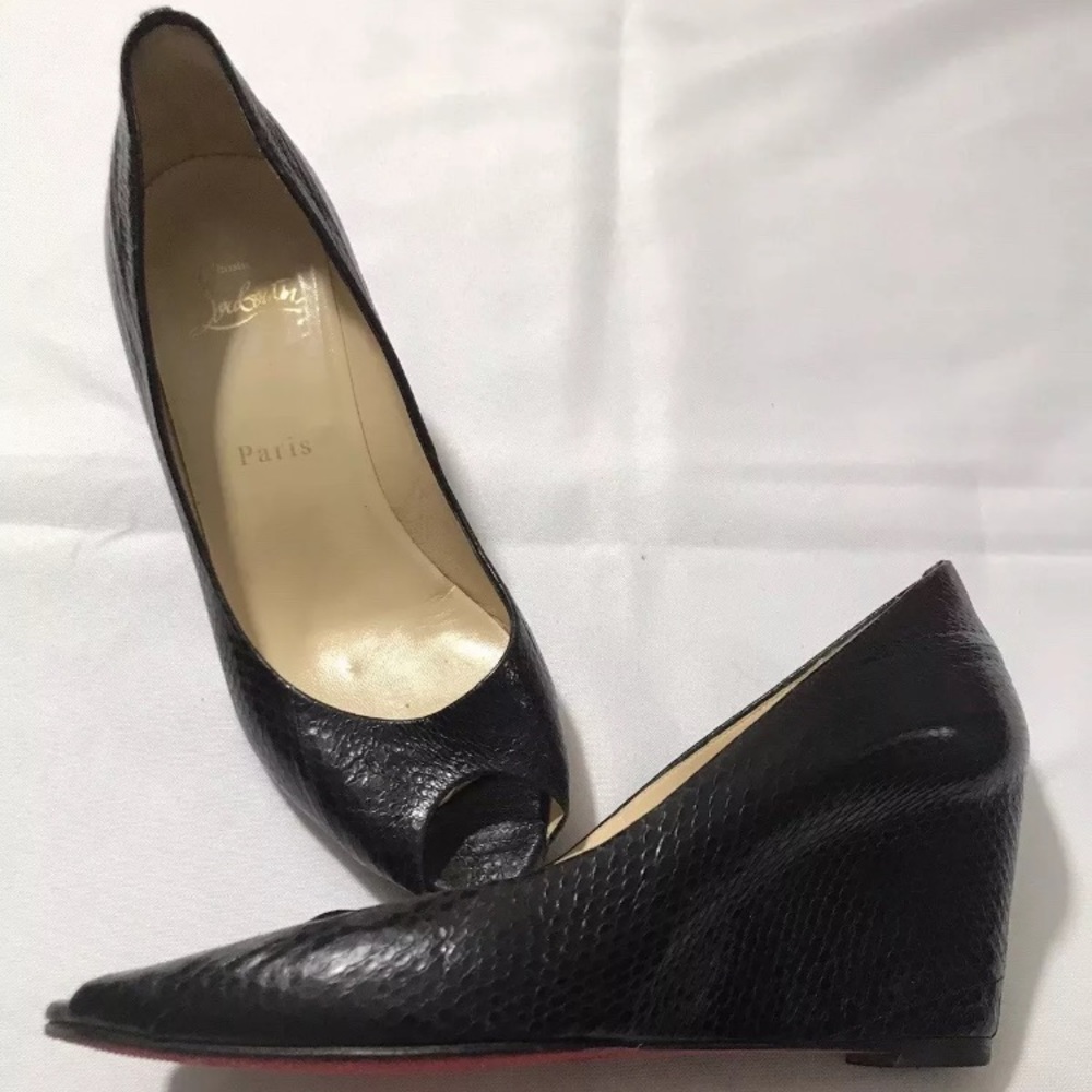 Christian Louboutin 37.5 Black Snake Pattern Wedge